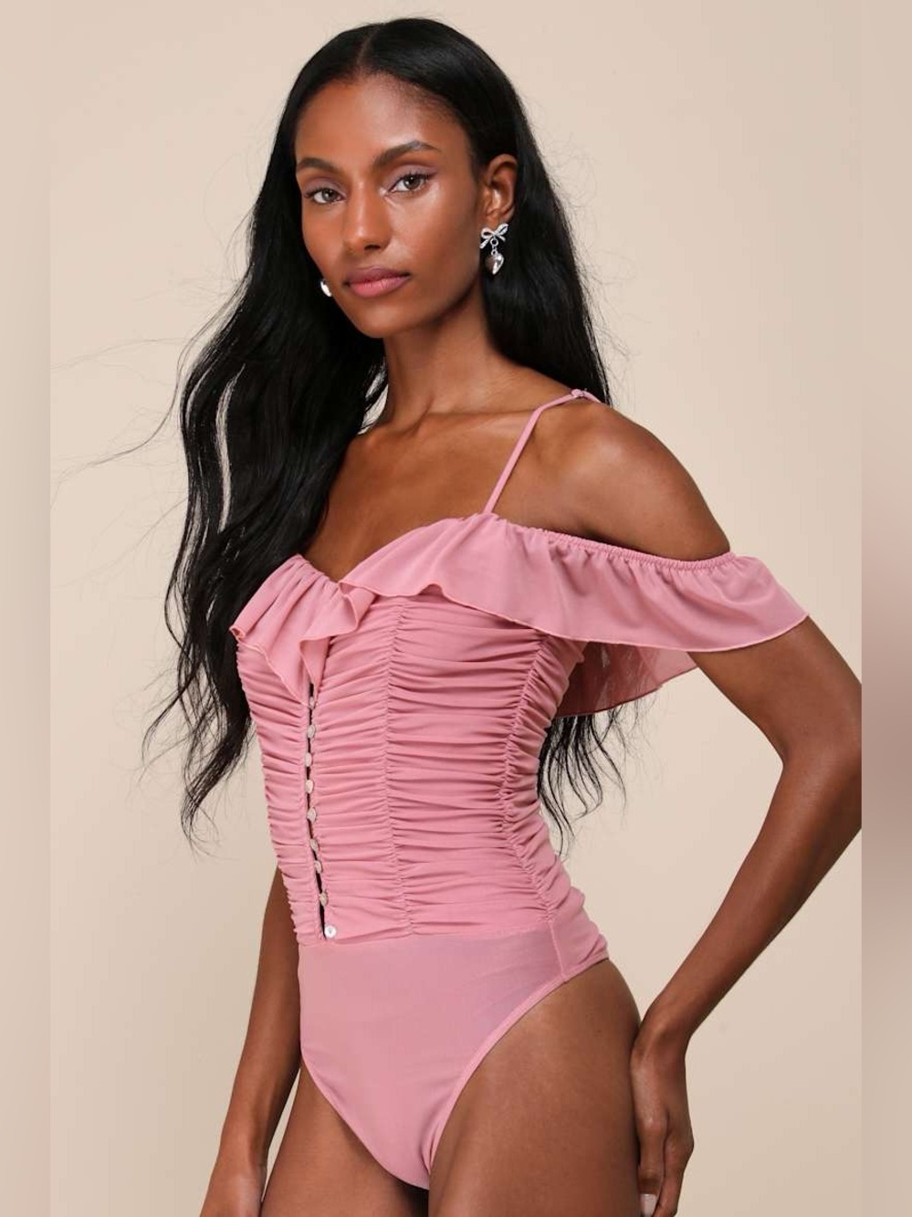 LULUS Mauve Pink Mesh Ruched Cold-Shoulder Bodysuit